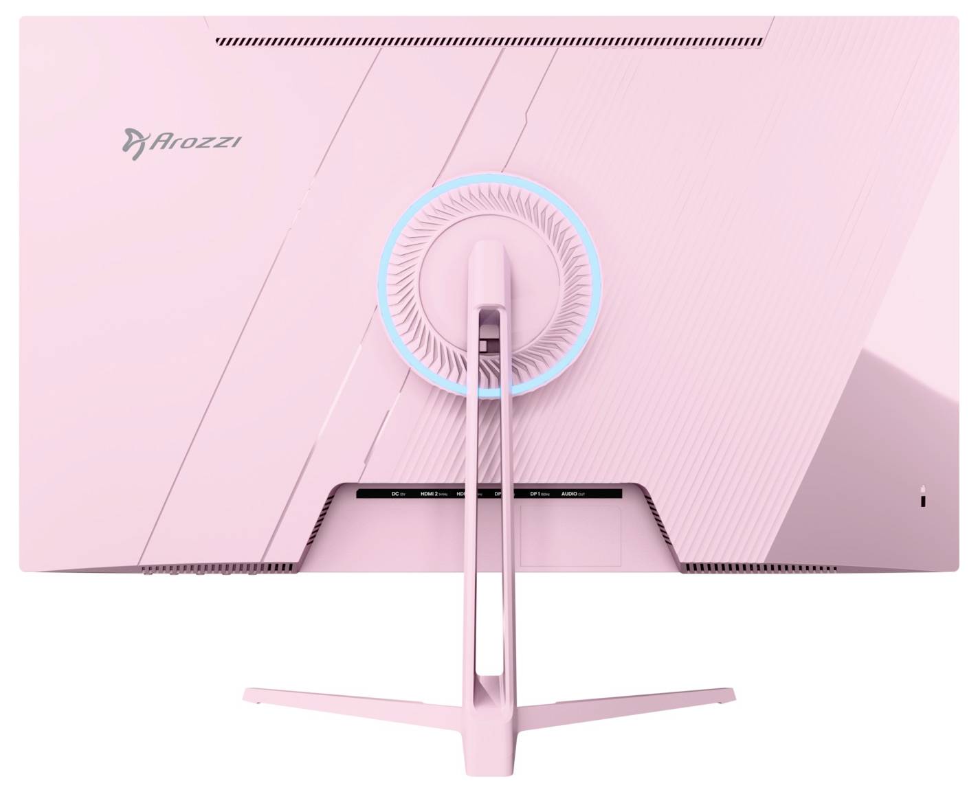 Bakvy av en rosa Arozzi-spelmonitor på en stativ, med en central kabelorganiseringsöppning och en blå ringaccent.