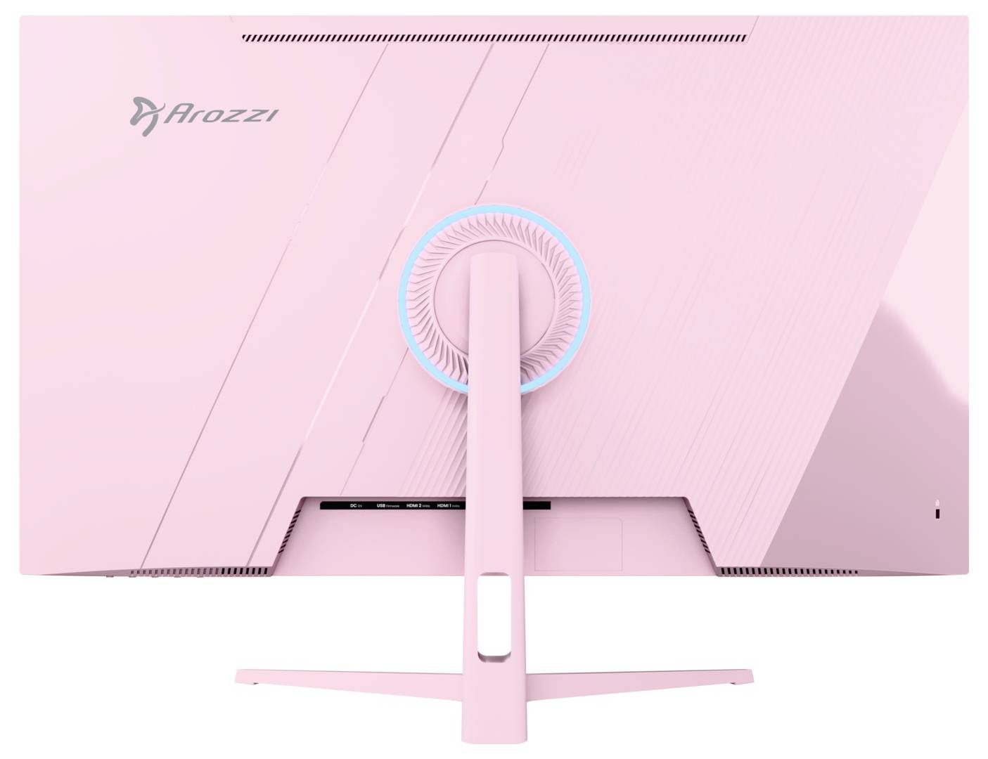 Baksida av en rosa Arozzi-monitor som visar stativet och den cirkulära blå accentringen på en ren vit bakgrund.
