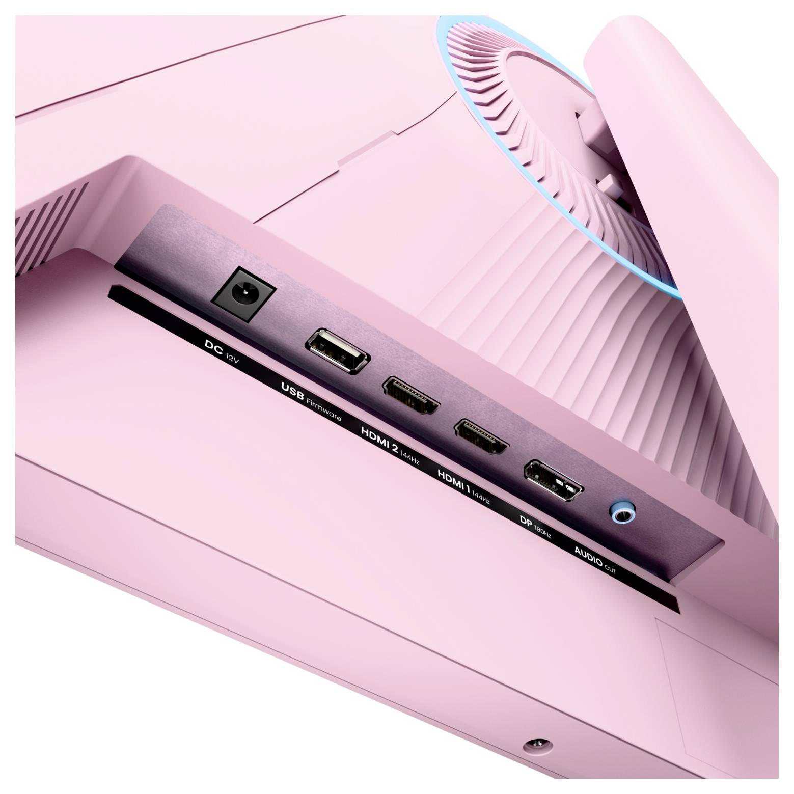 Rosa skrivbordskärm bakpanel som visar strömport, USB, HDMI, DisplayPort och ljudportar, med ventilerad ställ ovanför.