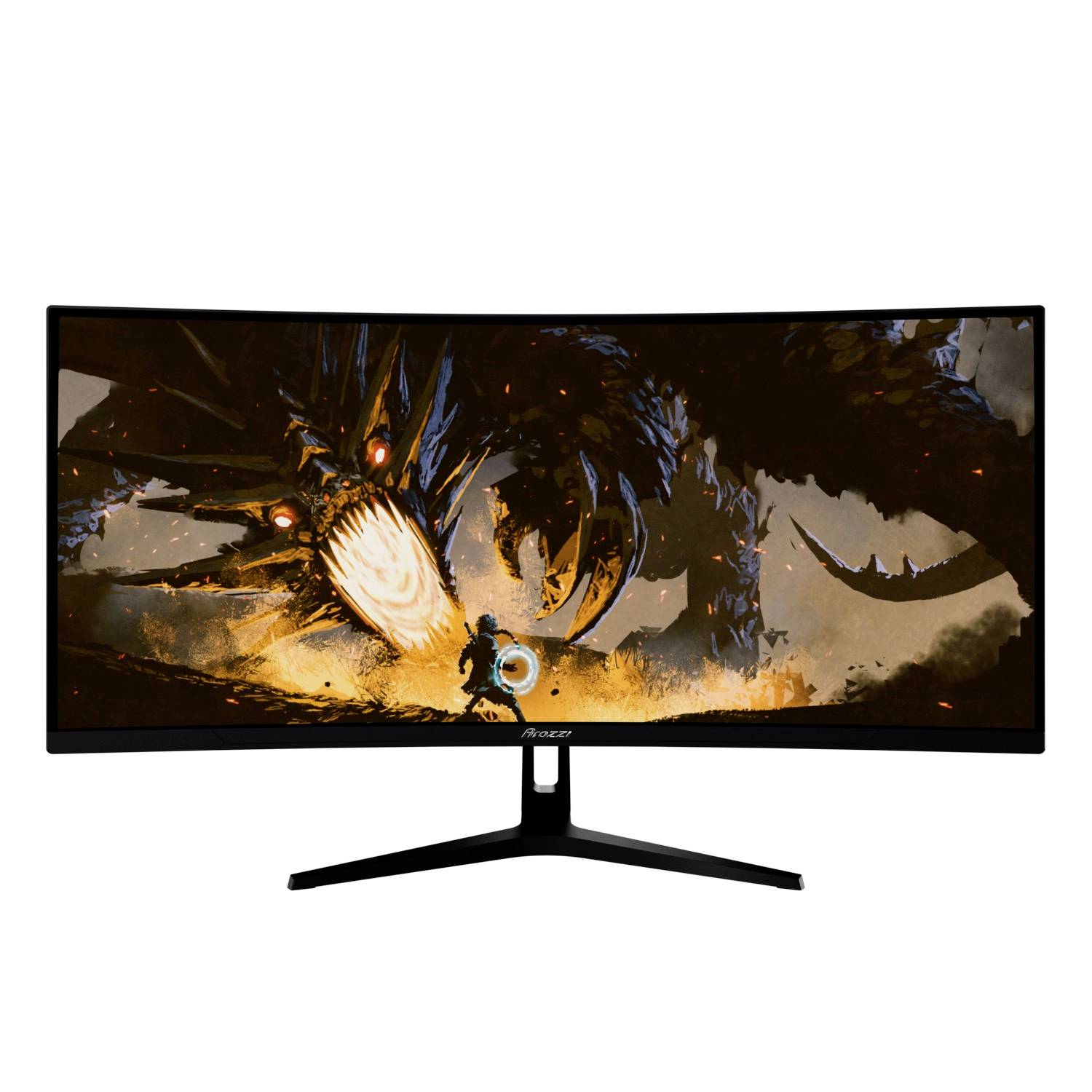 En böjd bredskärm spelmonitor som visar en actionspelscen med en drakliknande varelse och en explosion.