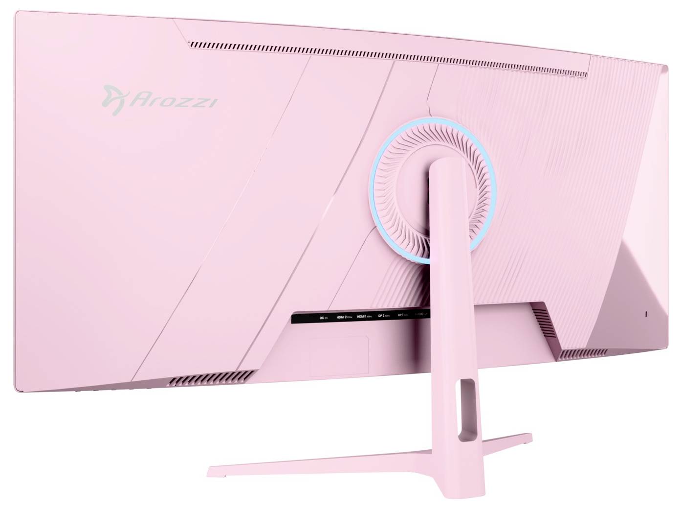 Bakvy av en rosa Arozzi skrivbordsmonitor på ett stativ, som visar det justerbara cirkulära fästet och minimalistisk design.