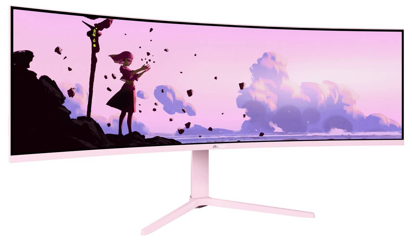 Rosa böjd ultravidvinkelskärm som visar en animestilad silhuettscen med en tjej på en stenig klippa med flytande kronblad under en pastellfärgad himmel.