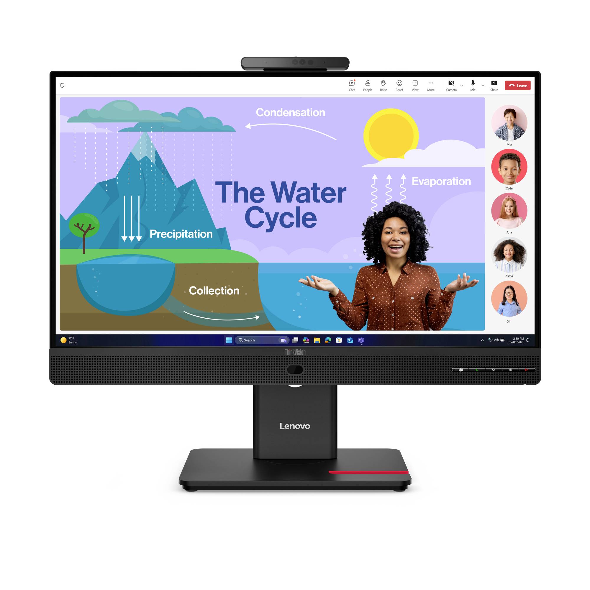 Lenovos allt-i-ett-display visar en virtuell lektion om vattnets kretslopp, med etiketter för kondensation, avdunstning, nederbörd och uppsamling, plus videominiatyrer av lärare och elev.