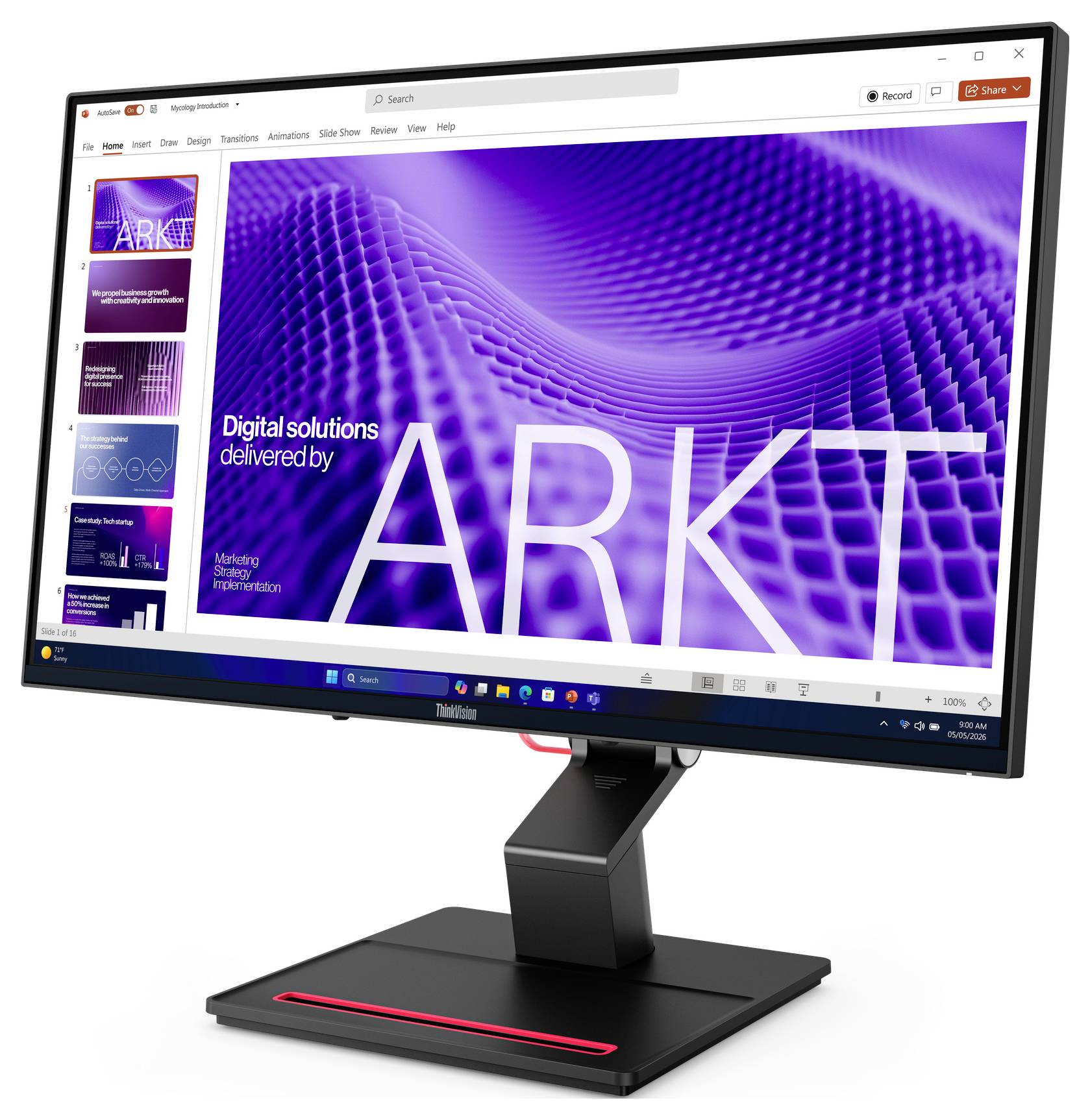 En skrivbordsskärm visar en presentationsredigerare med bildminiatyrbilder och en lila titelbild som läser "Digital solutions delivered by ARKT".