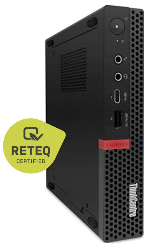 Svart Lenovo ThinkCentre mini skrivbordstorn, vinklad vy som visar frontportar, strömknapp och ventilationsgaller, med en REQ-certifierad märkesöverlagring.