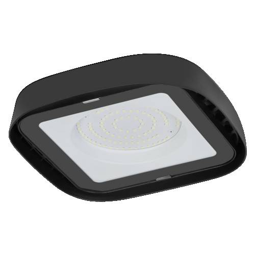 Svart kvadratisk LED-takarmatur med matt diffusor och cirkulär LED-matris, visad i vinkel mot vit bakgrund.