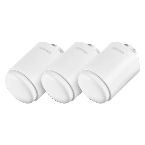 Tre vita OSRAM cylindriska elektriska enheter eller lampor visade sida vid sida på en vit bakgrund.