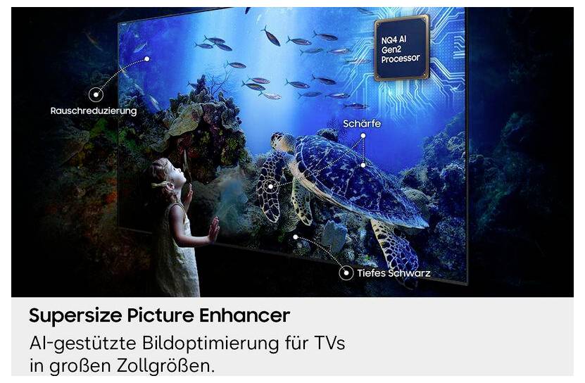 Reklambilden på en TV-skärm med undervattenscen och sköldpadda, som framhäver "Bullerdämpning", "Skärpa", "Djup svart" och "NG4 AI Gen2-processor" för bildförbättring.