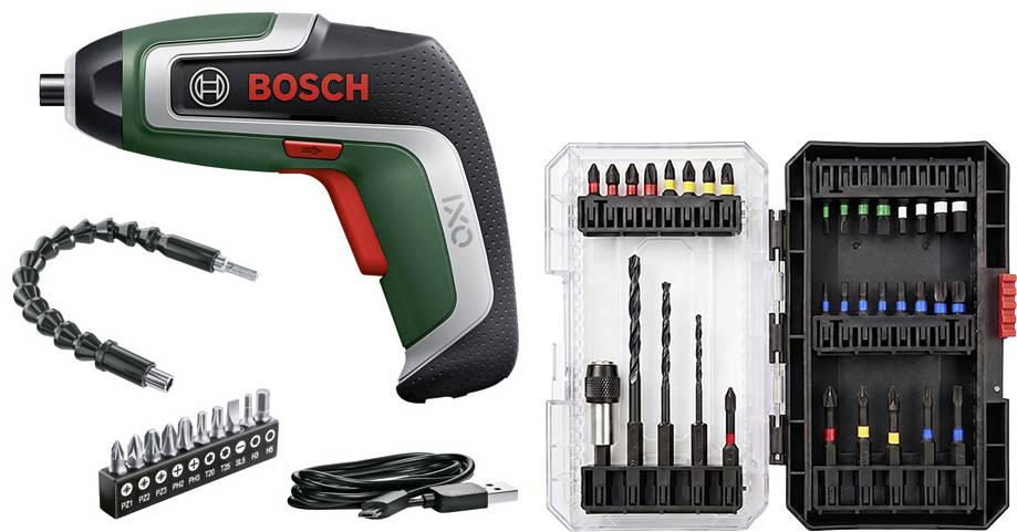 Bosch trådlös borrmaskin med borrspetsar, skruvdragarspetsar, flexibel förlängning, spetshållare och laddningskabel i förvaringsfodral