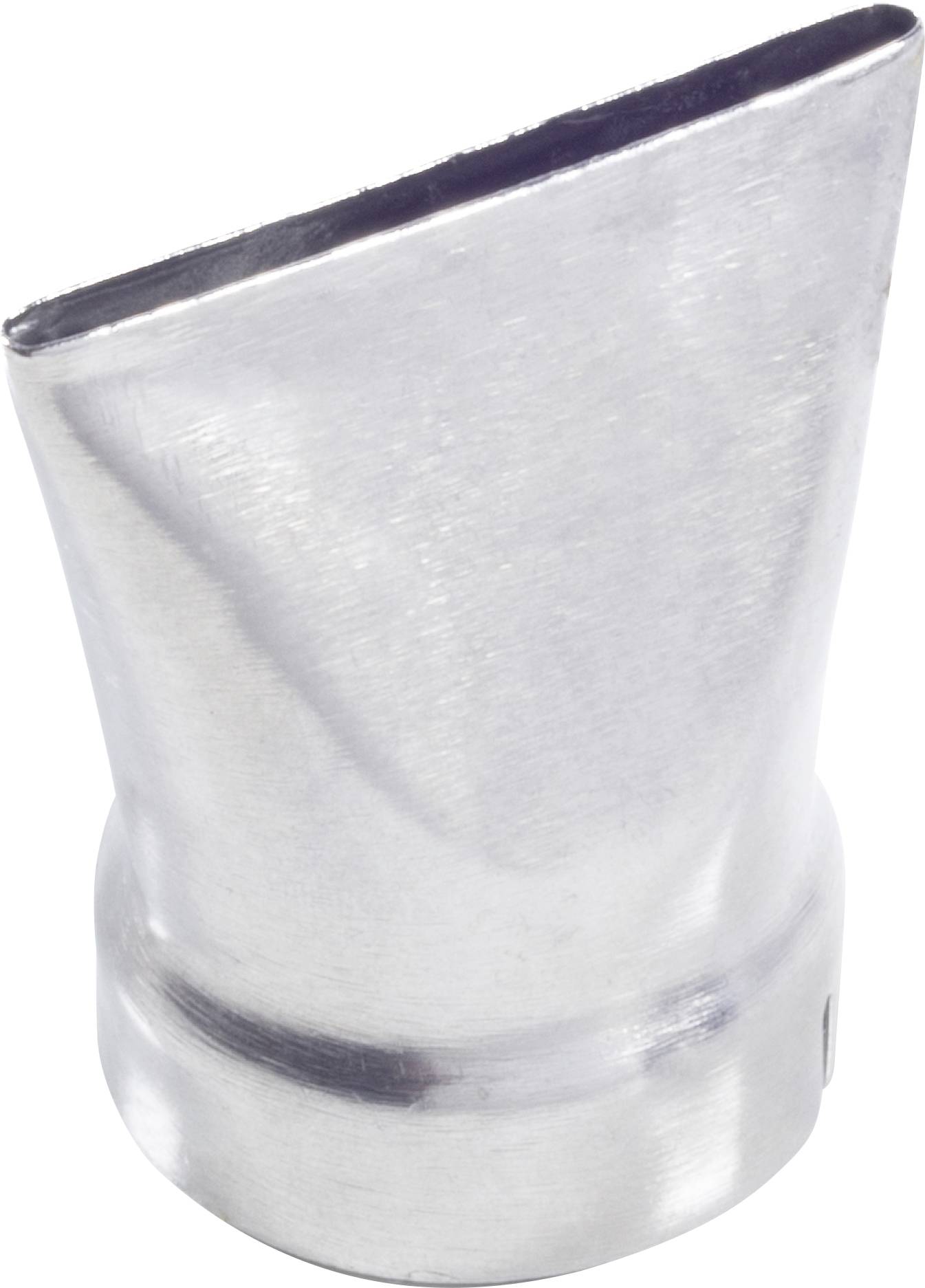 Närbild av ett metallvärmemunstycke eller trattanslutning, silverfärgad cylindrisk form med en avsmalnande öppen övre del på vit bakgrund.