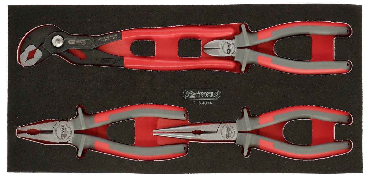 Set av röd-och-svarta KNIPEX tångverktyg på en svart bakgrund, visade i två horisontella rader: en lång kabelskärare och två mindre tänger.