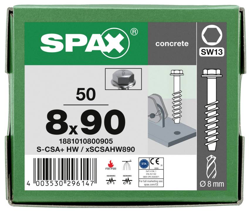 SPAX betongskruvar låda, SW13, storlek 8x90, förpackning om 50, med produktillustration och streckkod på grön förpackning.