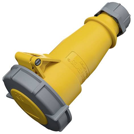 Gul industriell elektrisk kontakt med grå låslock, visad isolerad på vit bakgrund.