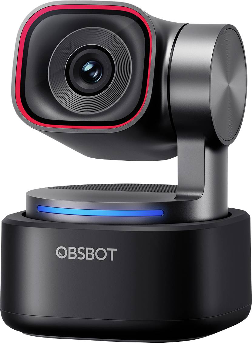 Svart OBSBOT-webbkamera med ett rödmarginerat linsformat och blå statuslampa på en roterande bas, visad på en vit bakgrund.