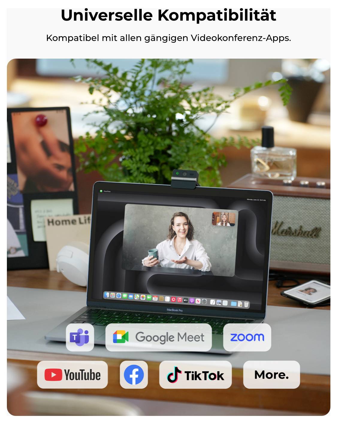 Surfplatta med videokonferensapp och webkamera, under den logotyper för Teams, Google Meet, Zoom, YouTube, Facebook, TikTok och "Mer"; hänvisning till universell kompatibilitet.