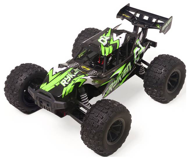 Svart och grön fjärrstyrd terrängbuggy med stora gropiga däck och bakre spoiler, visas på vit bakgrund.
