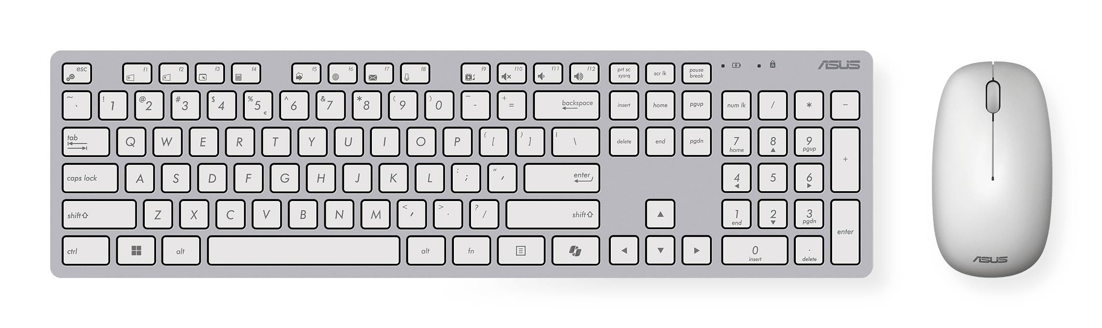 Trådlös ASUS-tangentbord och musset visas sida vid sida på en vit bakgrund.