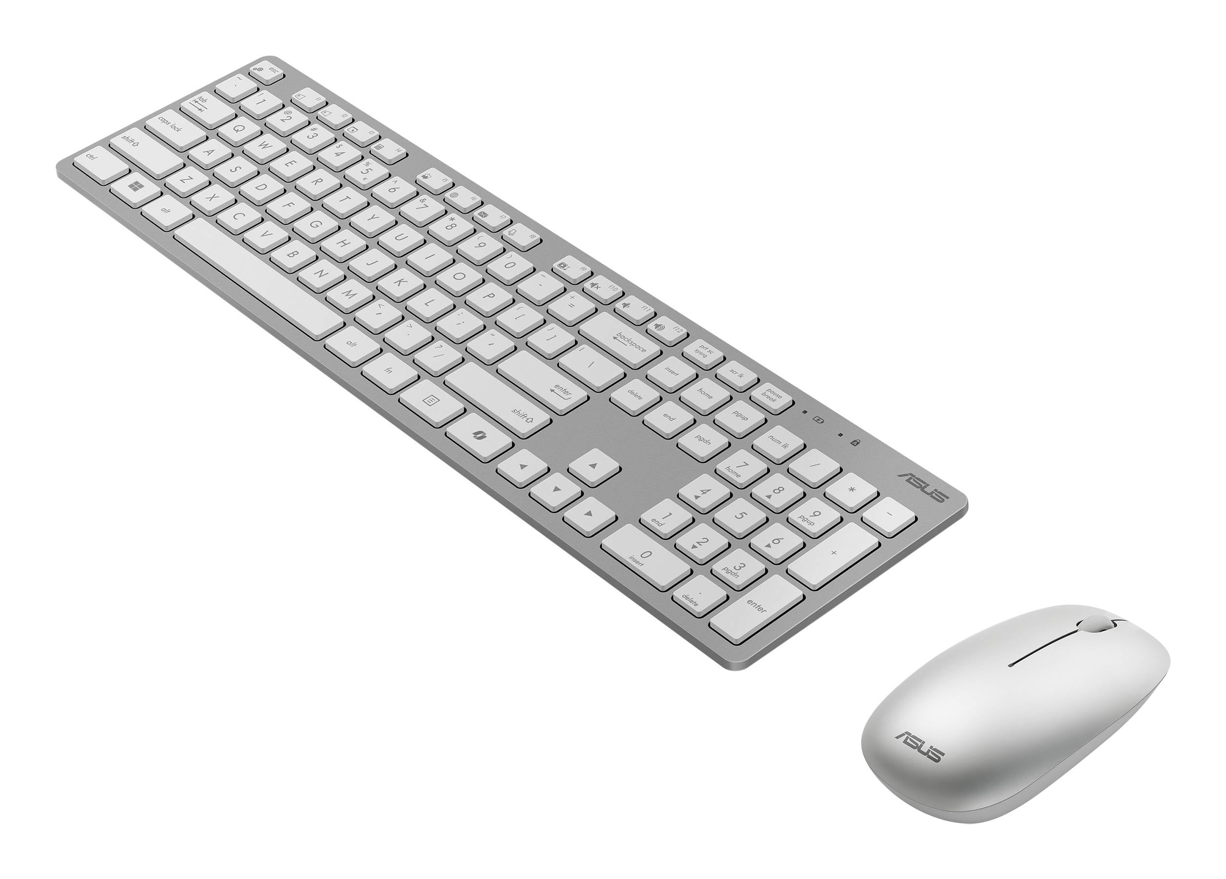 Vit trådlös tangentbord och muskombination på en enkel vit bakgrund.