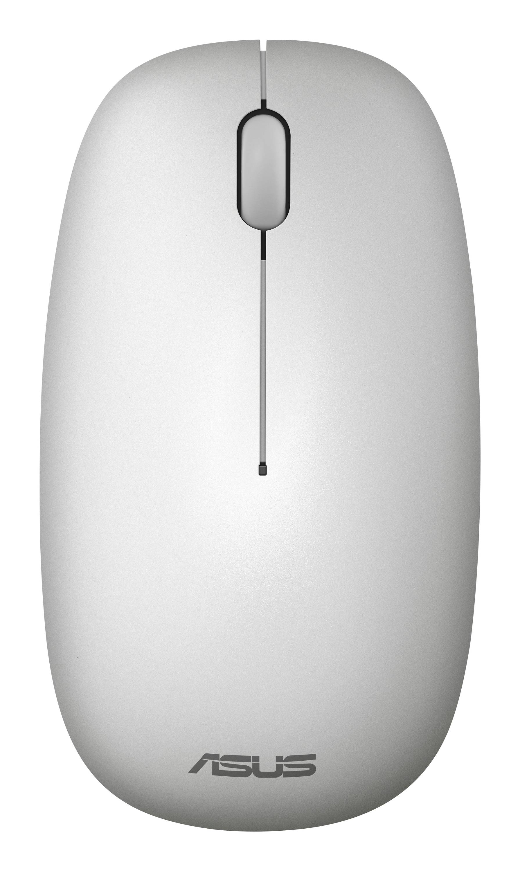 Vit ASUS-datamöss visad från ovan med ett centralt scrollhjul och logotyp nära botten