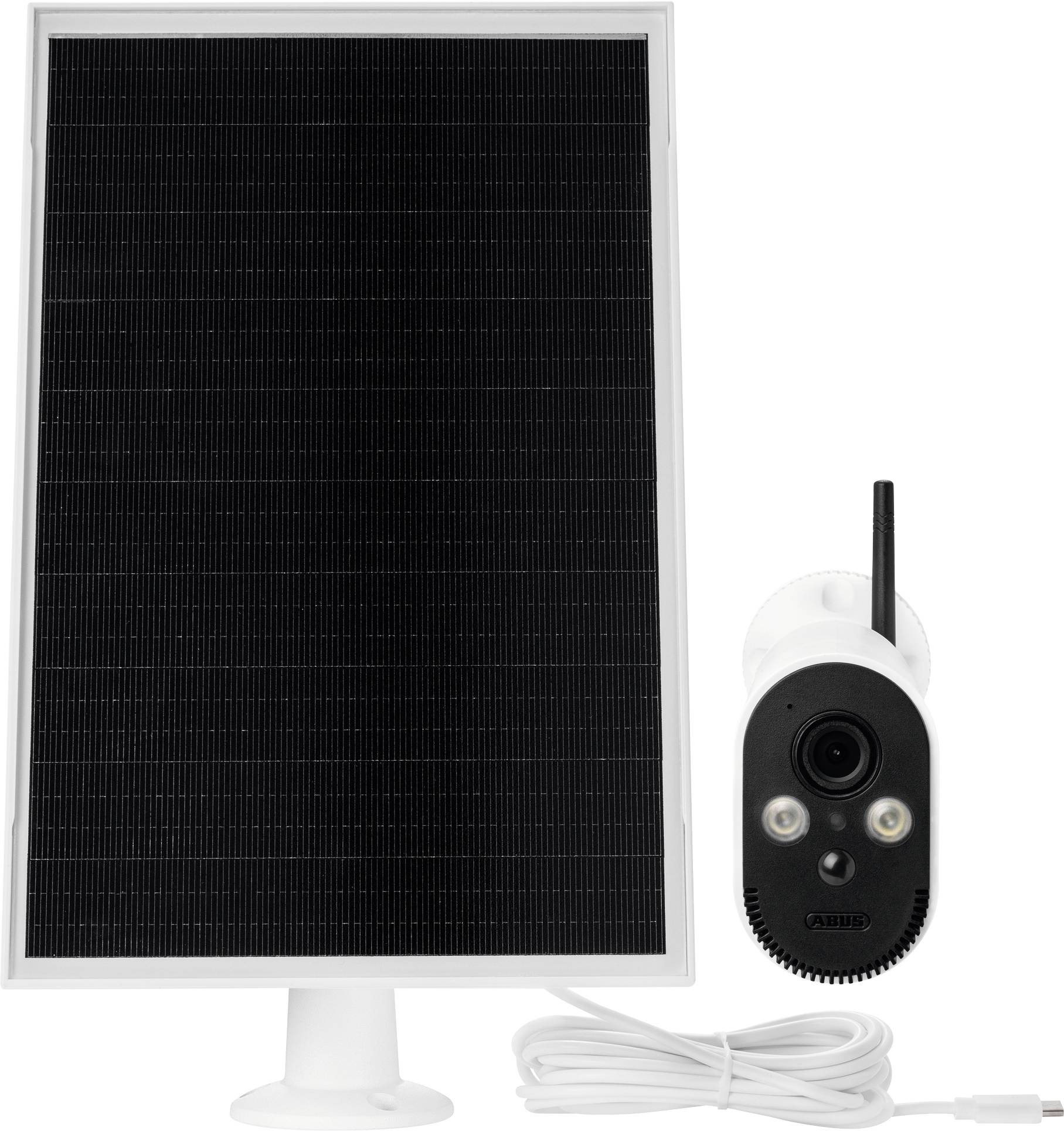 Solarpanel med en liten trådlös säkerhetskamera och upprullad kabel, vilket tyder på ett soldriven övervakningssetup.