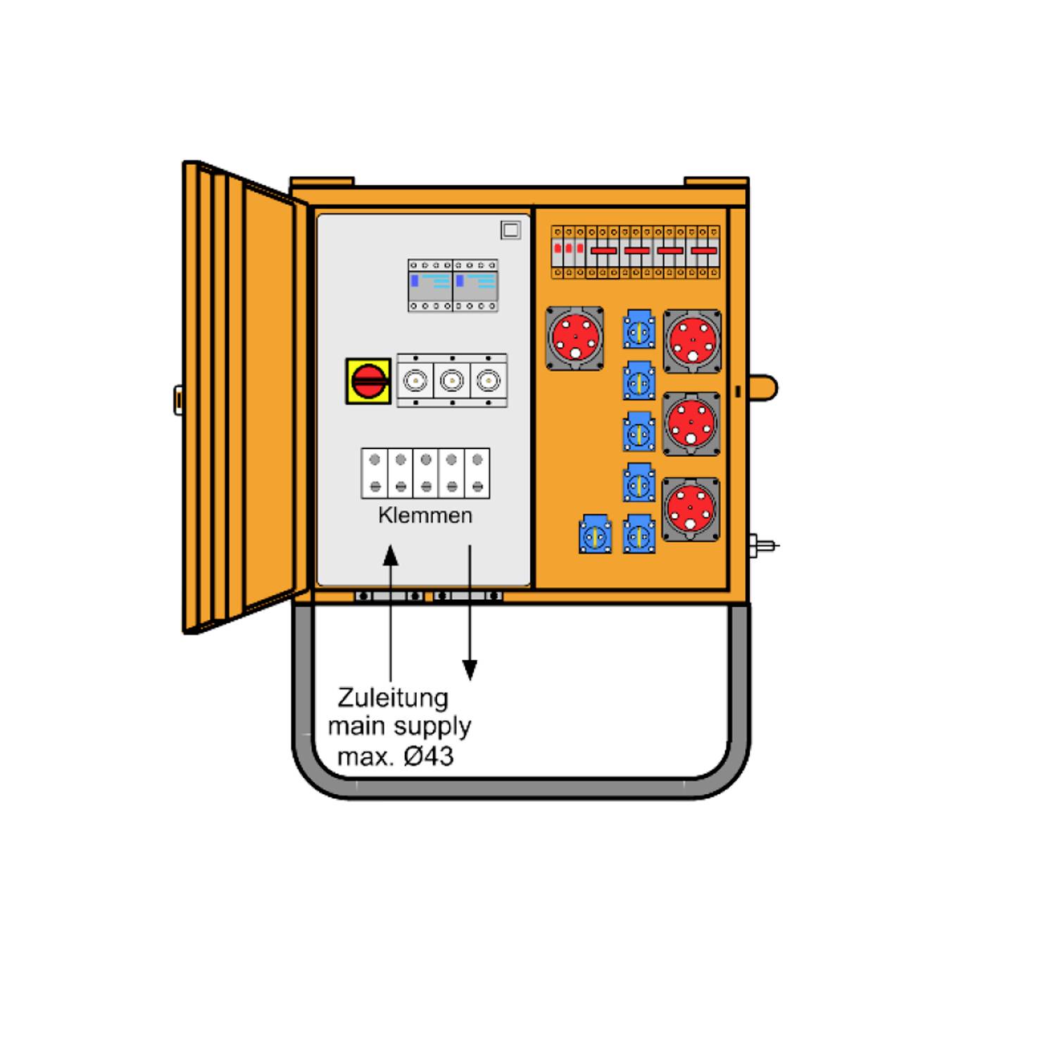Diagram över en elektrisk kontrollbox med terminaler, strömbrytare och kontakter, med huvudmatning märkt 'Zuleitung huvudmatning max. Ø43'.