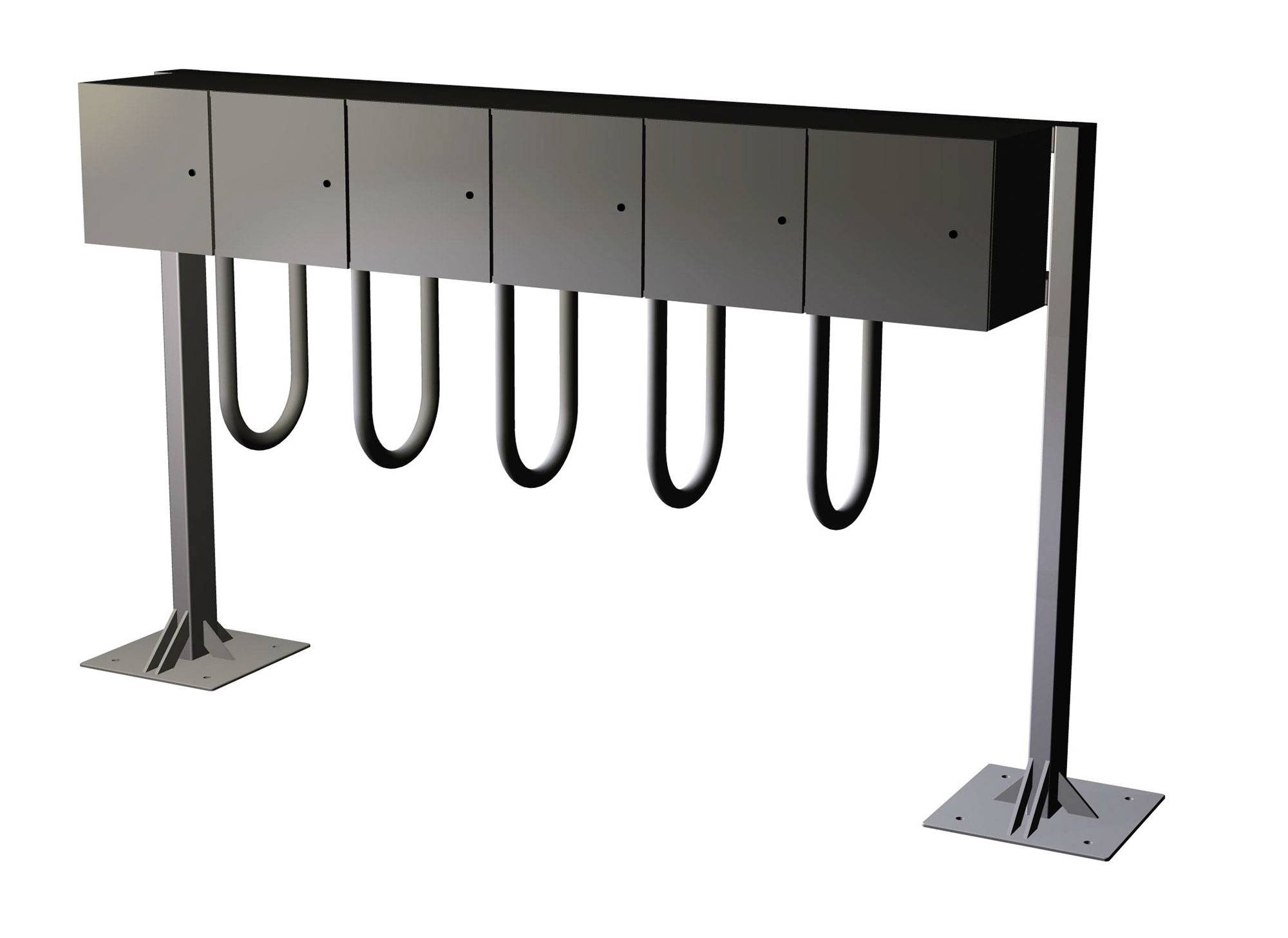 Industriell metallställ eller stativ med sex hängande U-formade slingor upphängda från en horisontell toppsträva som stöds av två ben på basplåtar.