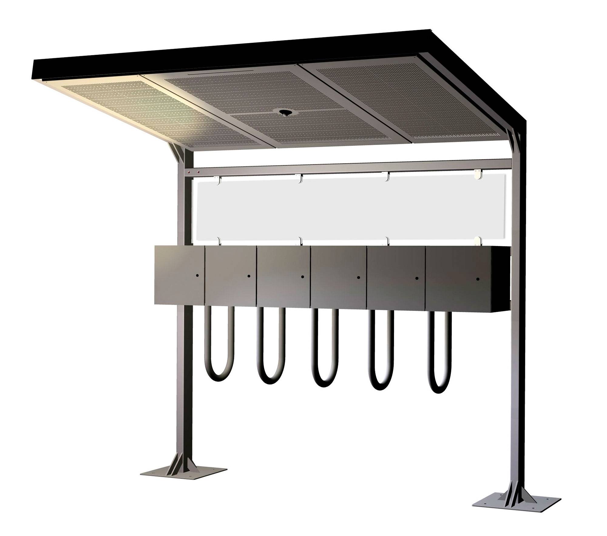 Modern laddstation i öppen miljö med ett solpaneltak, sex laddningsutrymmning och hängande U-formade kabelslinga på två stöd.