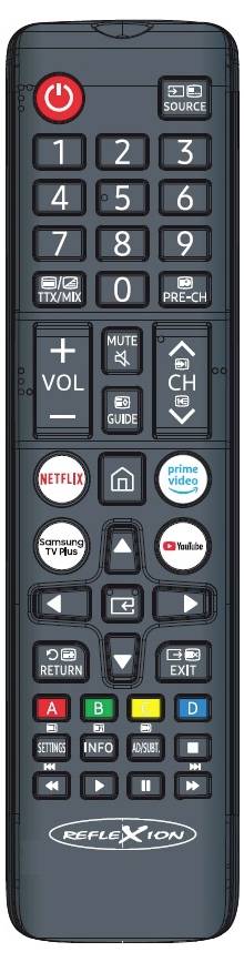 En svart TV-fjärrkontroll med numerisk tangentbord, volym- och kanalknappar, meny-/navigeringskontroller och genvägar till streamingtjänster som Netflix, Prime Video och YouTube.
