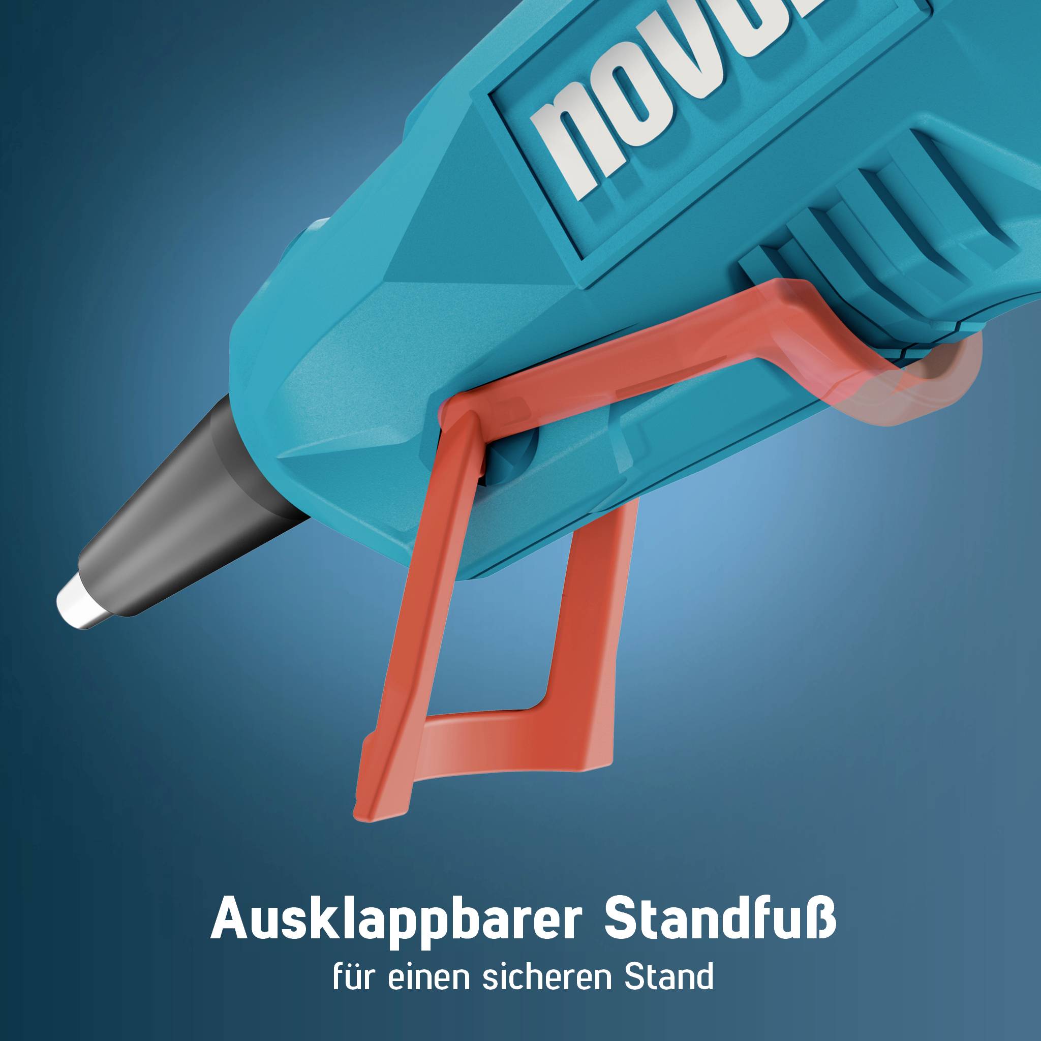 En blå limpistol med ett rött vikbart stativ, märkt "Ausklappbarer Standfuß für einen sicheren Stand", visad mot en blå bakgrund.
