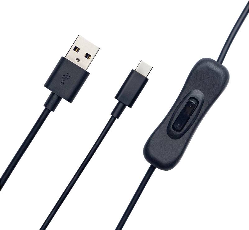 Svart USB-A till USB-C-kabel med inline på/av-switch på vit bakgrund.