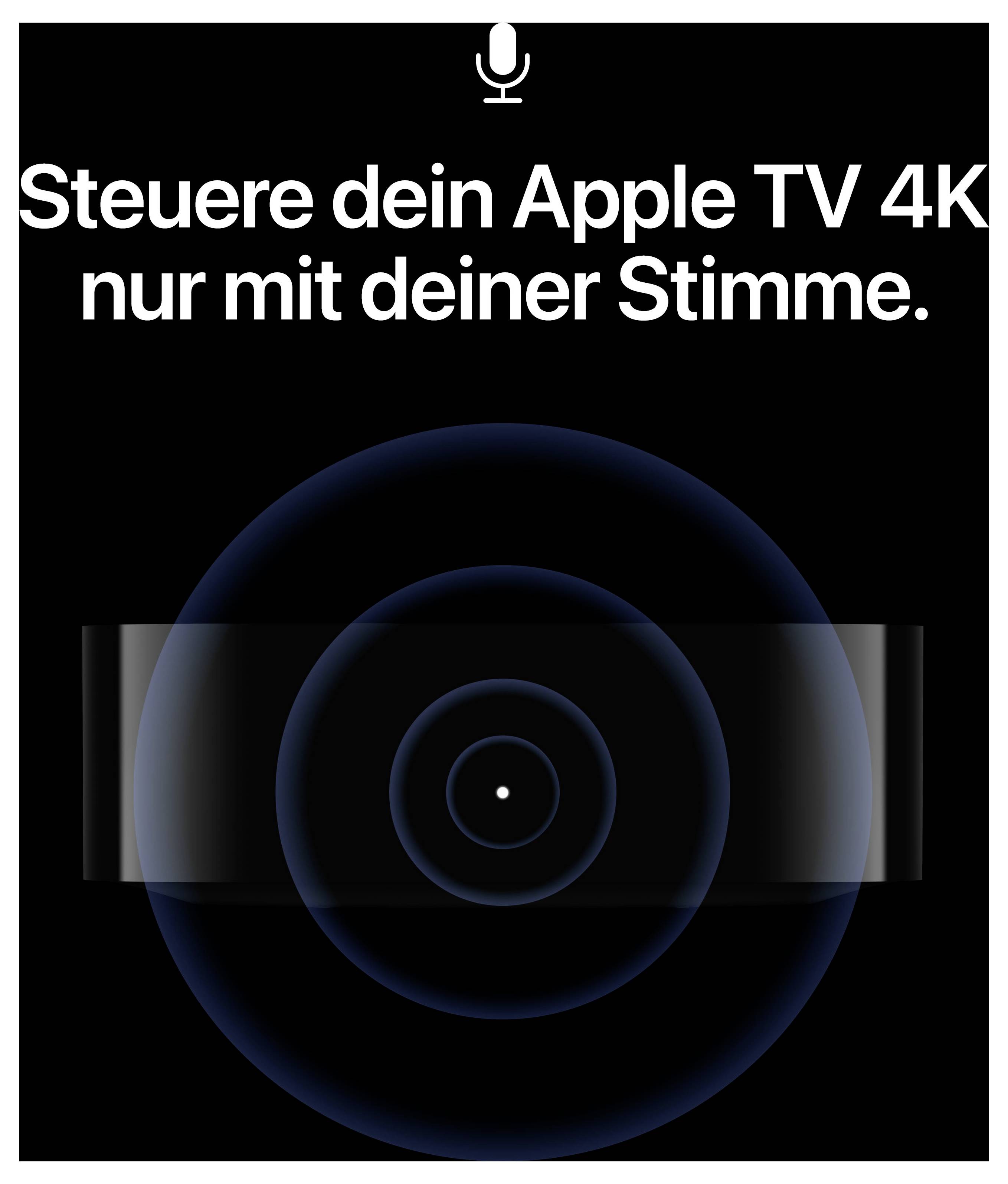 Annons för Apple TV 4K: Mikrofonikon och text 'Styr din Apple TV 4K med bara din röst.' framför blå vågcirkel på svart bakgrund.