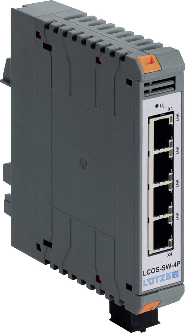 Industriell Ethernet-switchmodul med fyra RJ45-portar, märkta "x1" till "x4", i ett grått DIN-skenstyp-hölje.