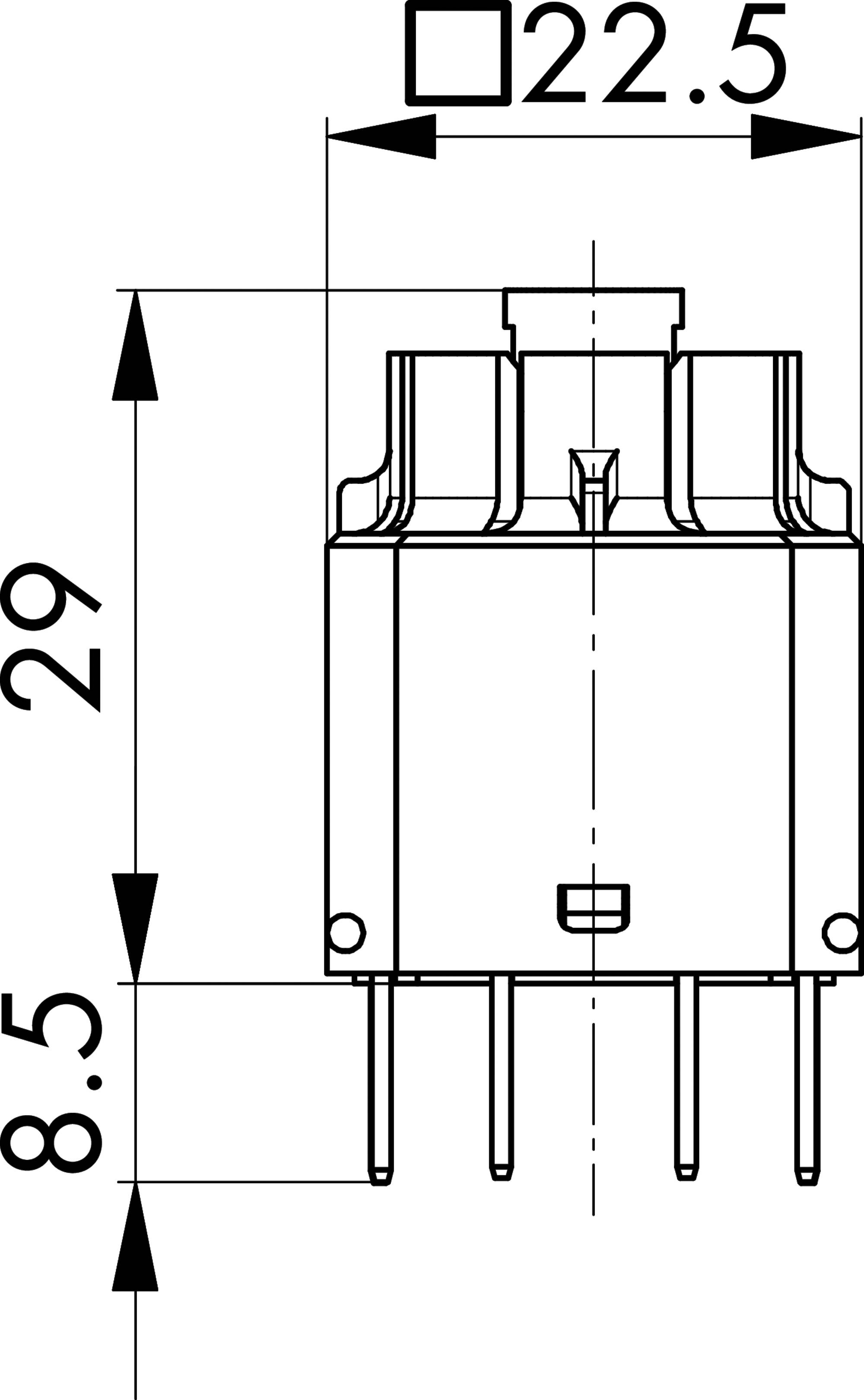 Teknisk ritning av ett kvadratiskt elektronikkomponenthus, märkt 22,5 mm brett och 29 mm högt, med 8,5 mm ledningslängd och flera bottenkontakter.