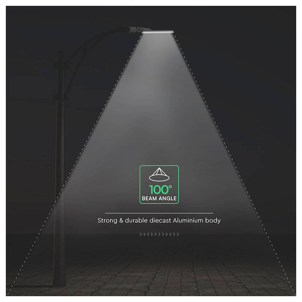 Reklamgrafik av en gatlampa som visar en bred 100° strålningsvinkel, med texten "Robust och hållbar gjuten aluminiumkropp" längst ner.