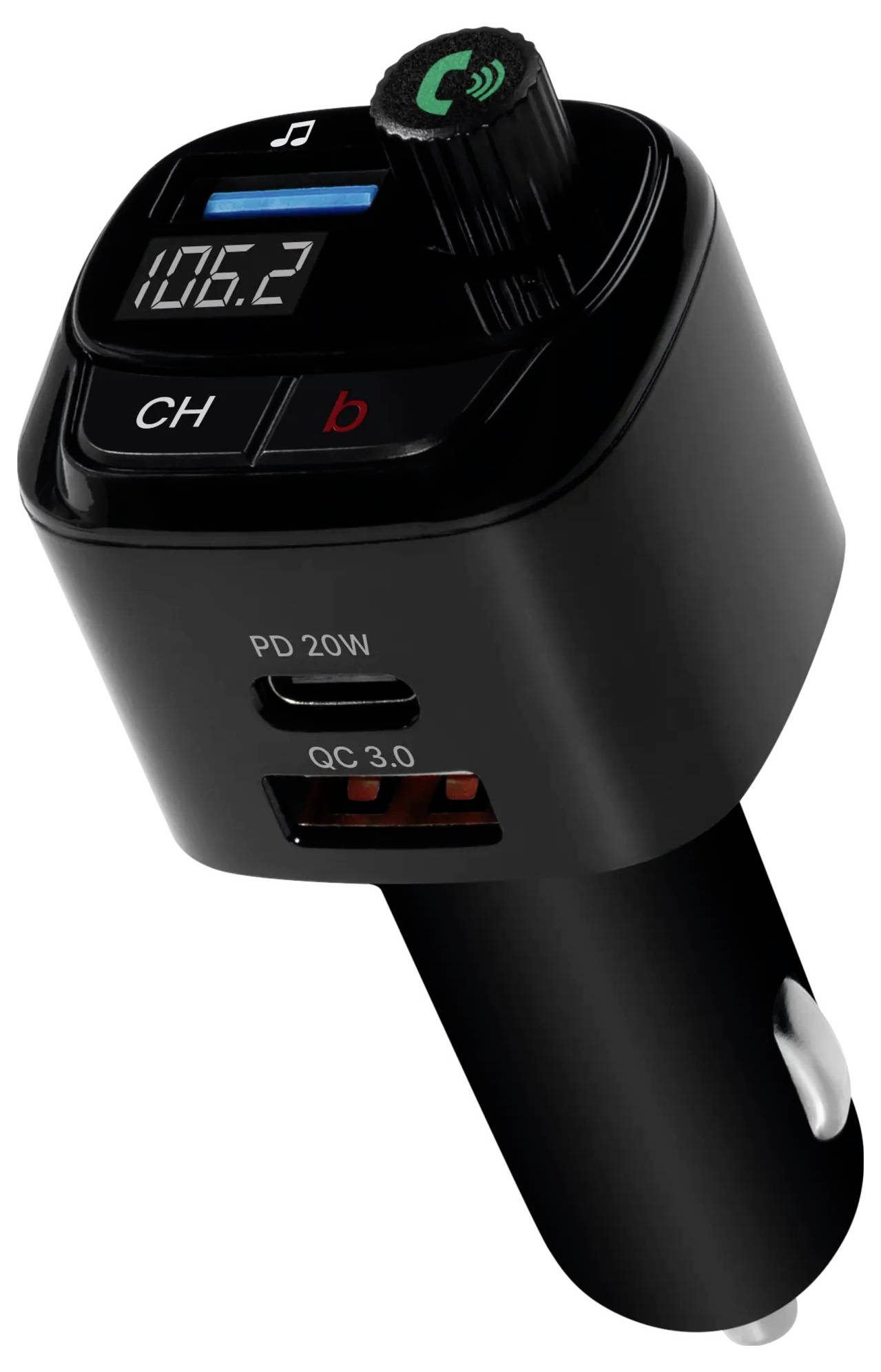 Svart bilradiosändare med laddare och digital 106.2-display, samtalskontroller och kanalväljar, med USB-C PD 20W och QC3.0-laddningsportar.