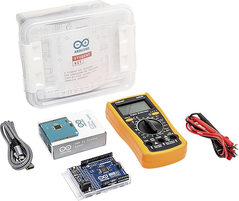 Arduino Student Kit uppsättning med bärväska, Uno-kort, mikrokontroller shield, digital multimeter, USB-kabel och testledningar.