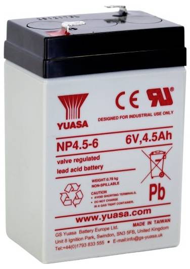 Yuasa 6V 4,5Ah förseglat blybatteri med svart överdel och röd produktetikett.