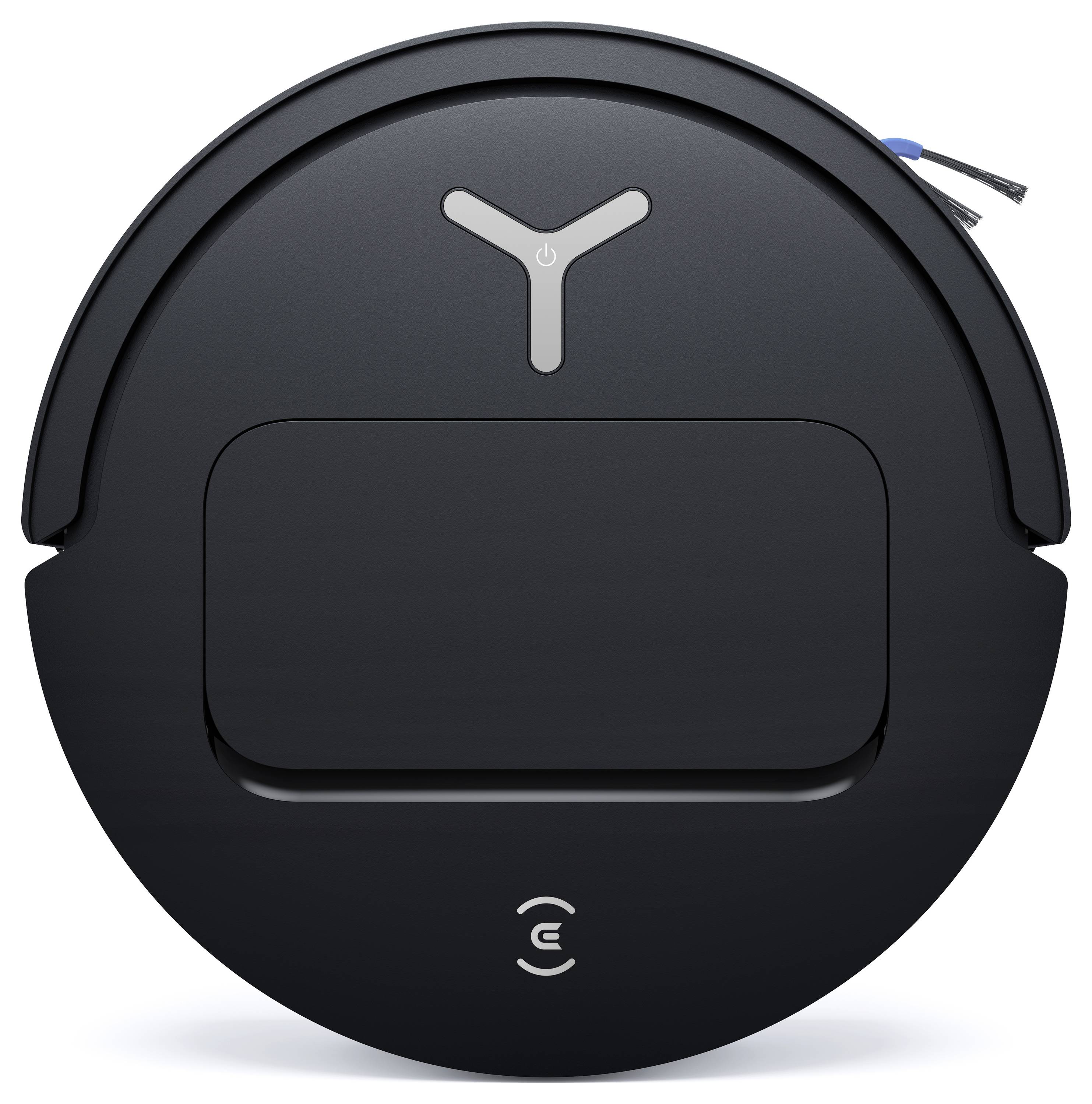 Svart rund robotdammsugare med topphandtag och sidborstar synliga på vit bakgrund.