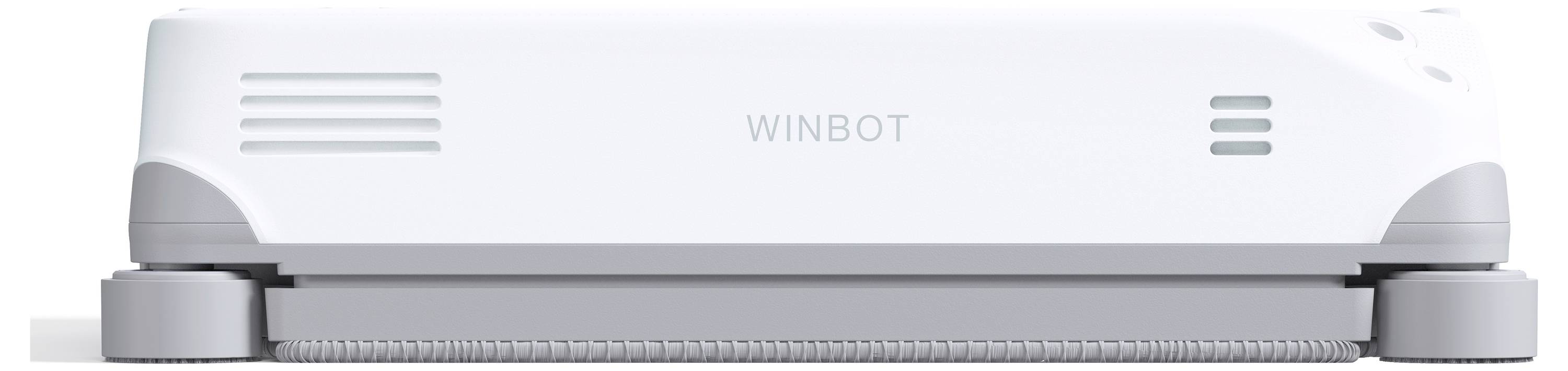 Vit Winbot fönsterreningsrobot med grå kantgrepp och centrerad WINBOT-etikett, visad framifrån.