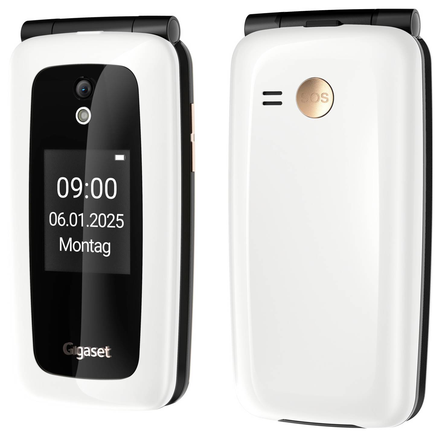 Fram- och bakvy av en Gigaset-klapptelefon, som visar en liten extern display med 09:00, 06.01.2025, Montag, kamera och SOS-knapp.