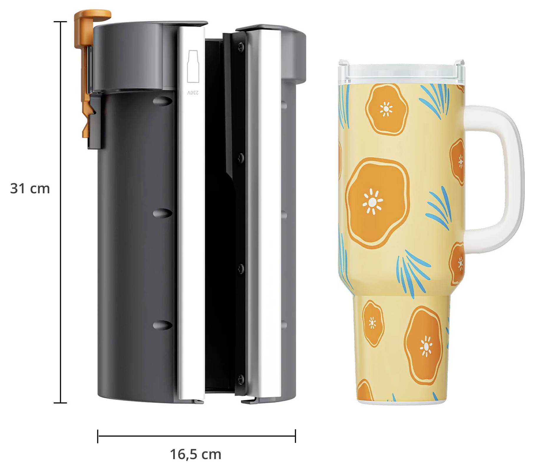 Produktbild som visar en hög svart resekaffebryggare med dimensionerna 31 cm hög och 16,5 cm bred, plus en mönstrad isolerad mugg med handtag.