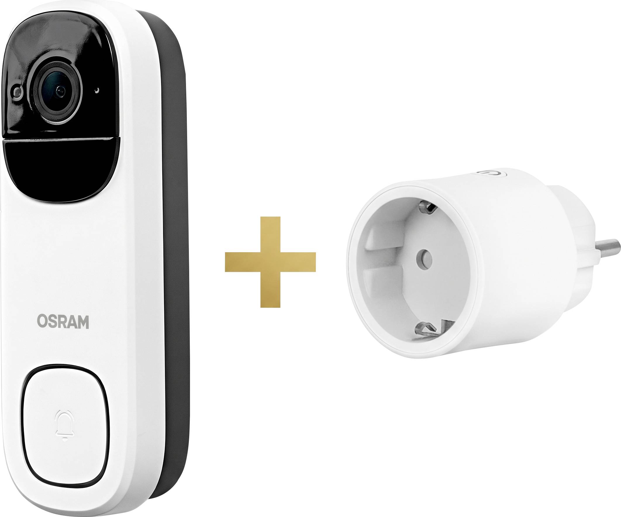 OSRAM intelligent kamera dörrklocka kopplad med en insticksbar intelligent strömadapter, visad sida vid sida med ett plustecken.