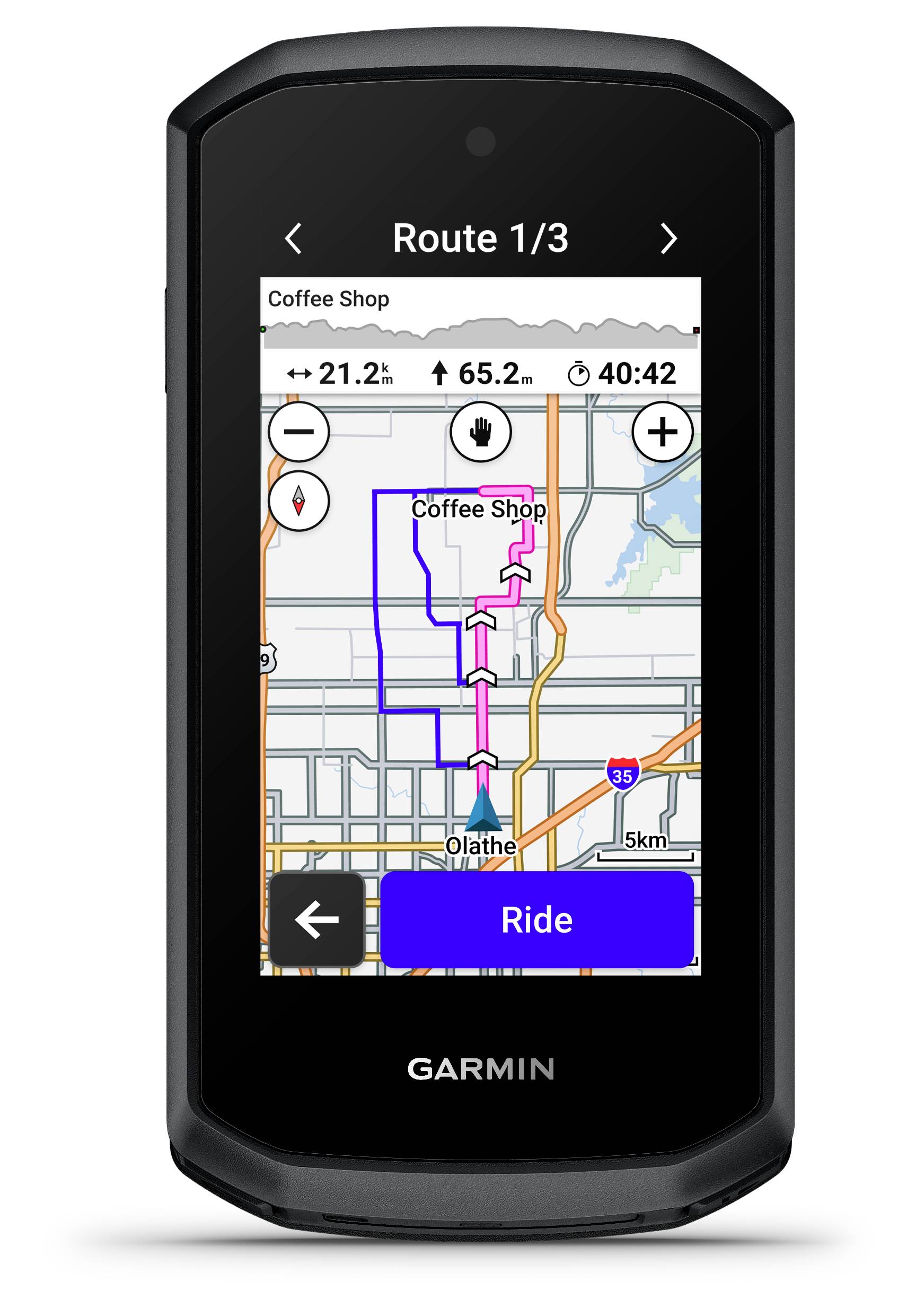 Garmin cykling-GPS visar rutt 1 av 3 från Kafé, med karta, distans 21,2 mi, stigning 65,2 m, beräknad tid 40:42 och en Åkknapp.