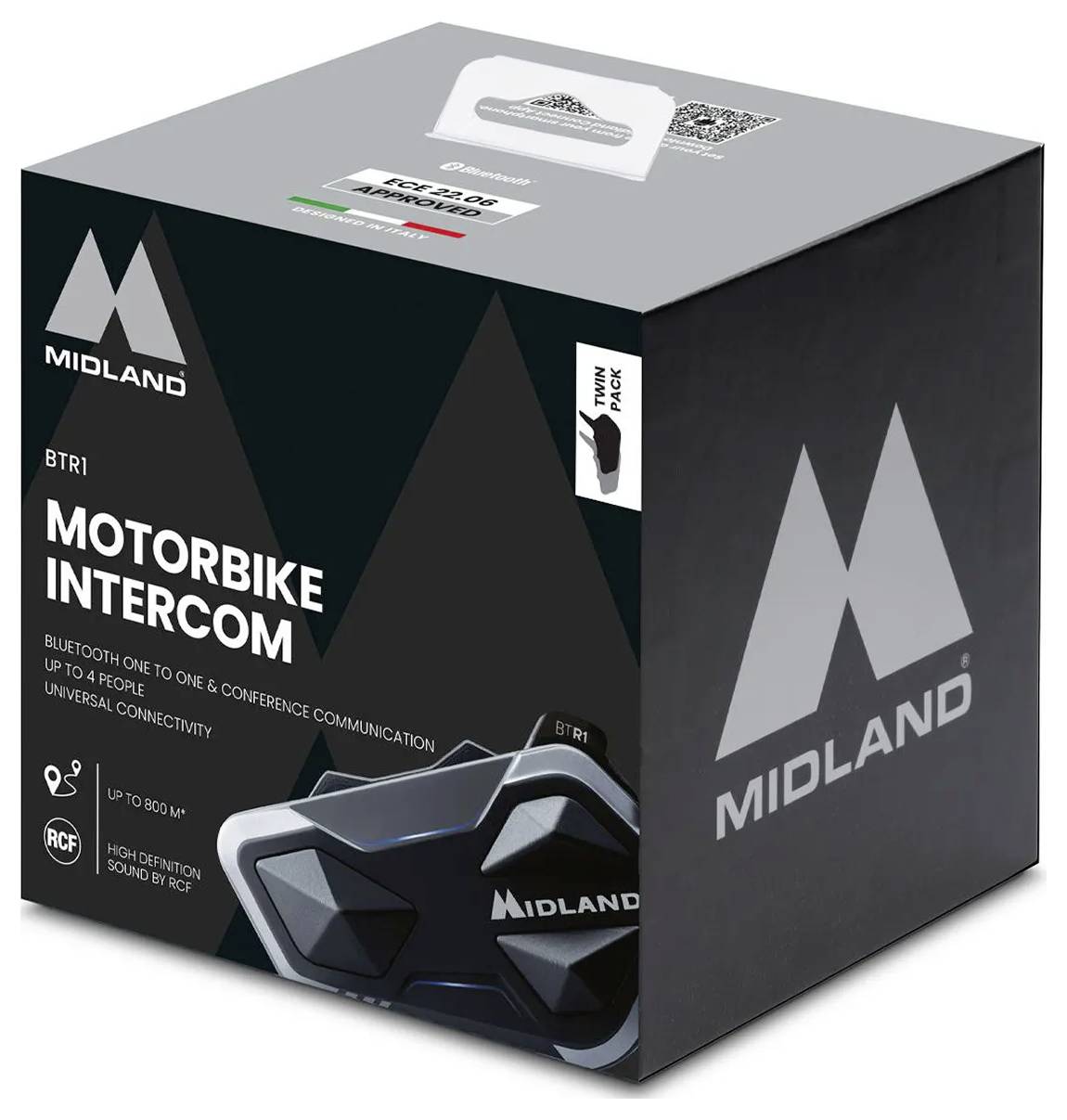 Låda med Midland BTR1 motorcykelintercom, svart förpackning med produktbild och texten "MOTORBIKE INTERCOM".