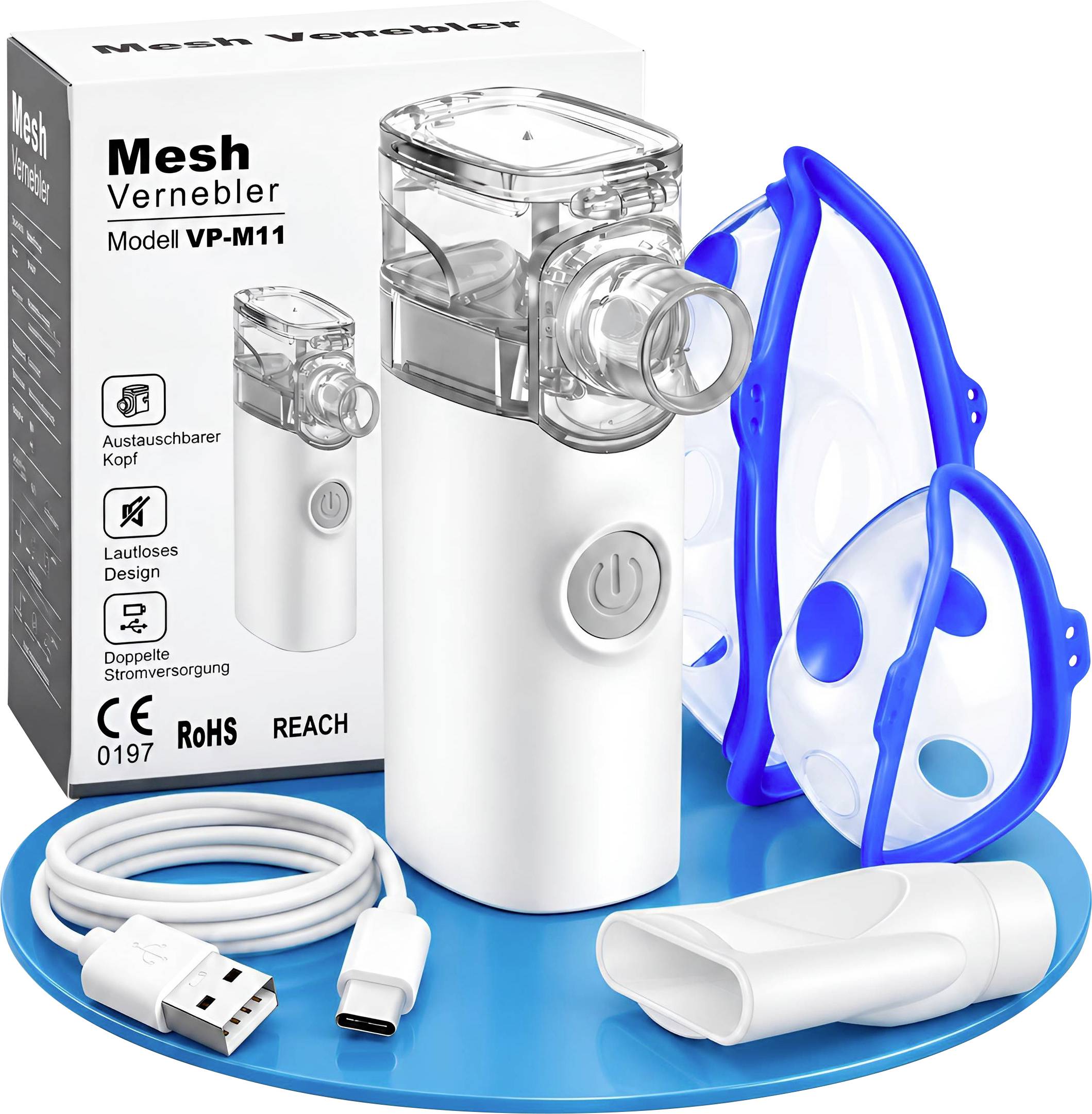 Nätinhalator-kit med enhet, mask för vuxna och barn, munstycke, USB-C-kabel och försäljningsbox märkt "Mesh Vernebler Modell VP-M11".