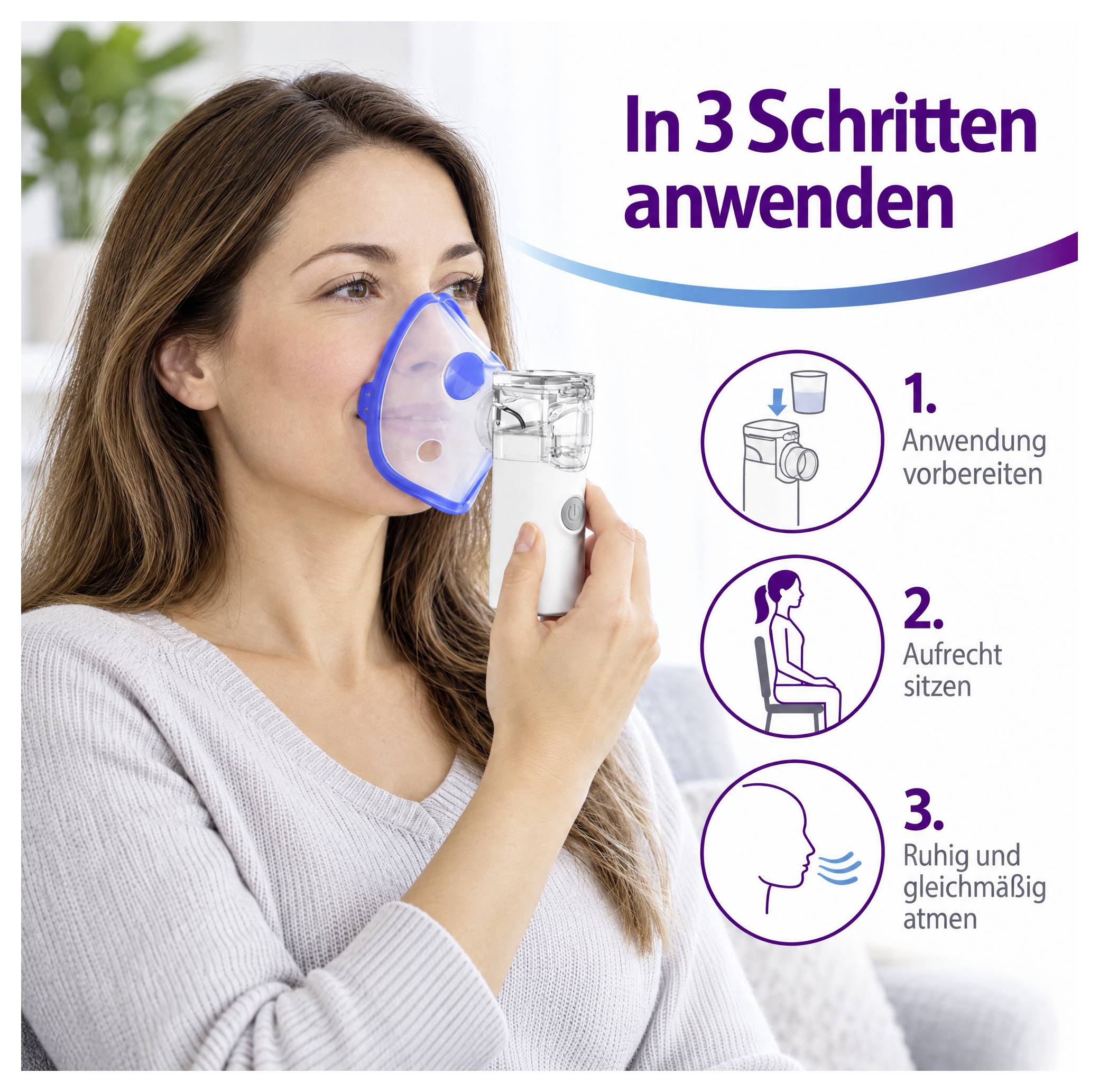 Kvinna använder en nebulisatormask, med svenska instruktioner: 'Använd i 3 steg'—förbered enheten, sitt upprätt, andas lugnt och jämnt.