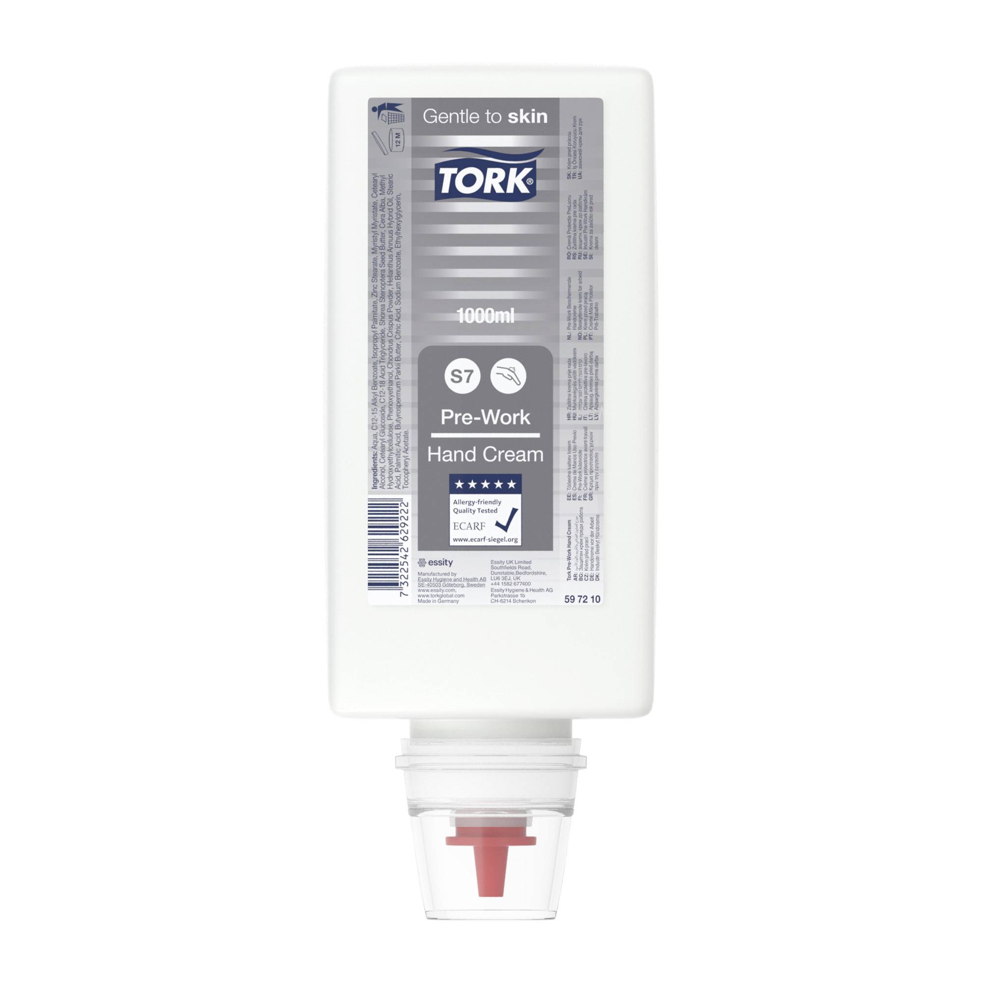 Tork 1000 ml-dispenserflaska med 'Pre-Work Hand Cream', med transparent pump på undersidan, på vit bakgrund.