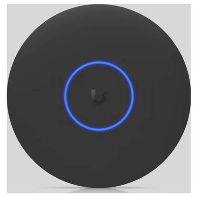 Framvy av en svart cirkulär enhet med en lysande blå ring och en liten central logotyp på en ljus bakgrund.