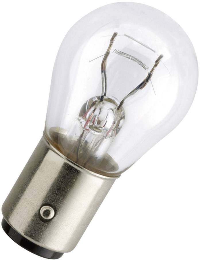 En klar glödlampa med metallfäste som visar den inre volframtråden och är fotograferad på en vit yta.
