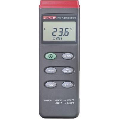 Handhållen termometer med digital display visar '23,6°C'. Knappar för 'HOLD', 'TIMER', 'AVG/MAX/MIN' och enhetsomkoppling '°C/°F'. Mätområde: -200°C till 1370°C.